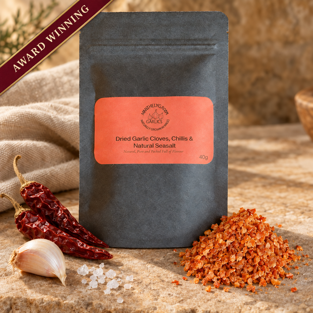 Artisan Garlic Sea Salt and Chilli jar staged with dried red chillies, garlic and sea salt