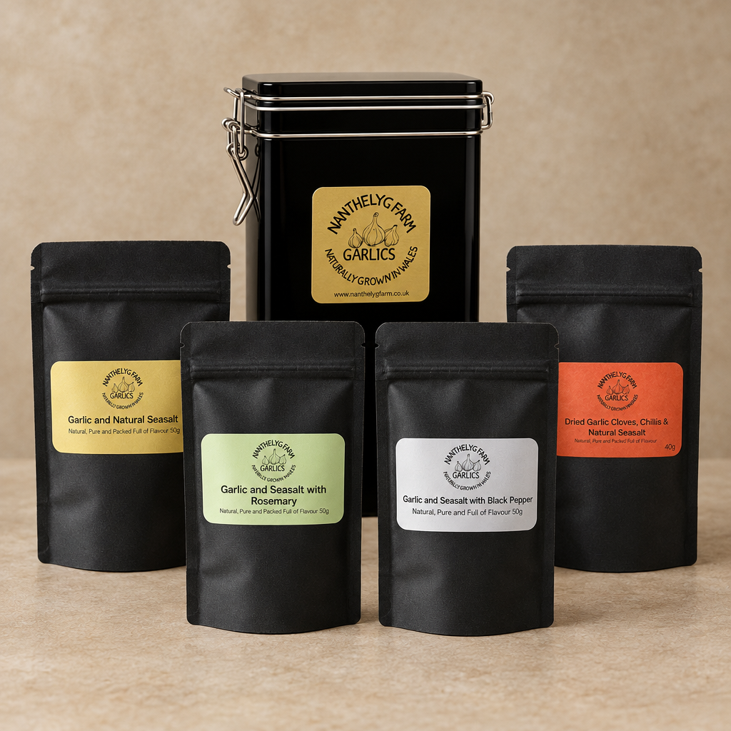 Nant Helyg Farm caddy with Original, Rosemary, Black Pepper and Chilli garlic salt sachets
